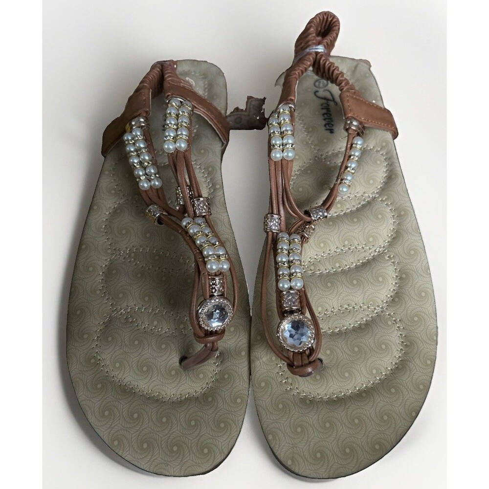 Forever Women's Calista Comfort Pearl Embellished Thong Sandal Tan Size 7.5 New